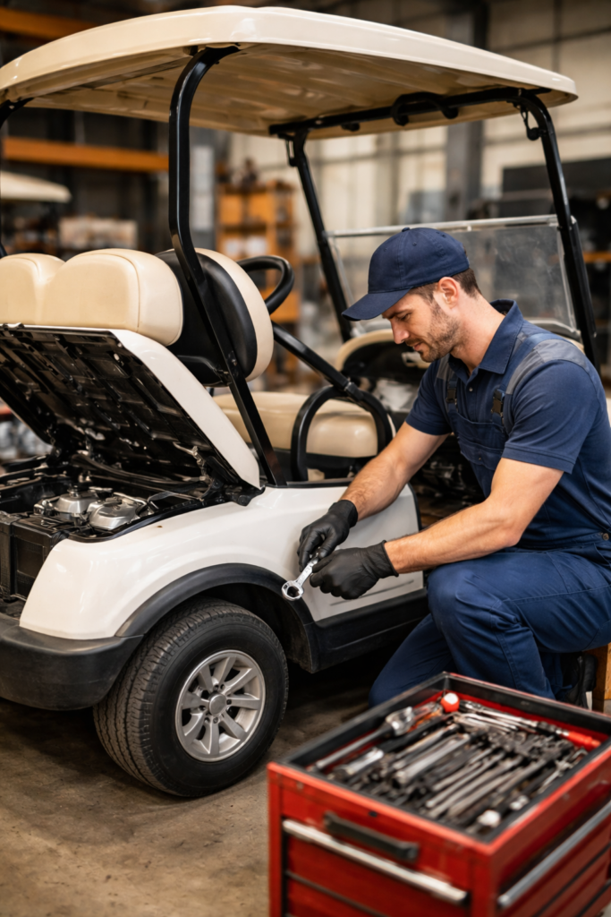 mechanic at work at a golf cart