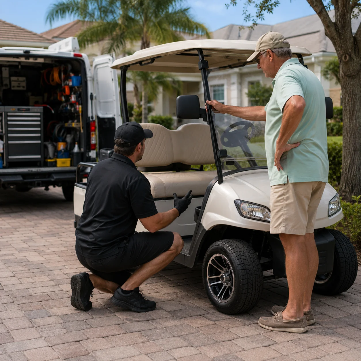 Technician inspects golf cart tire while customer observes in residential driveway.