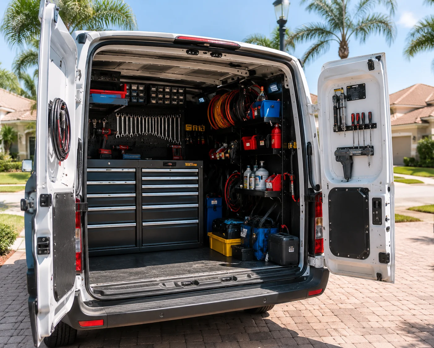 Service van interior displaying organized tools and equipment for golf cart repair in The Villages.
