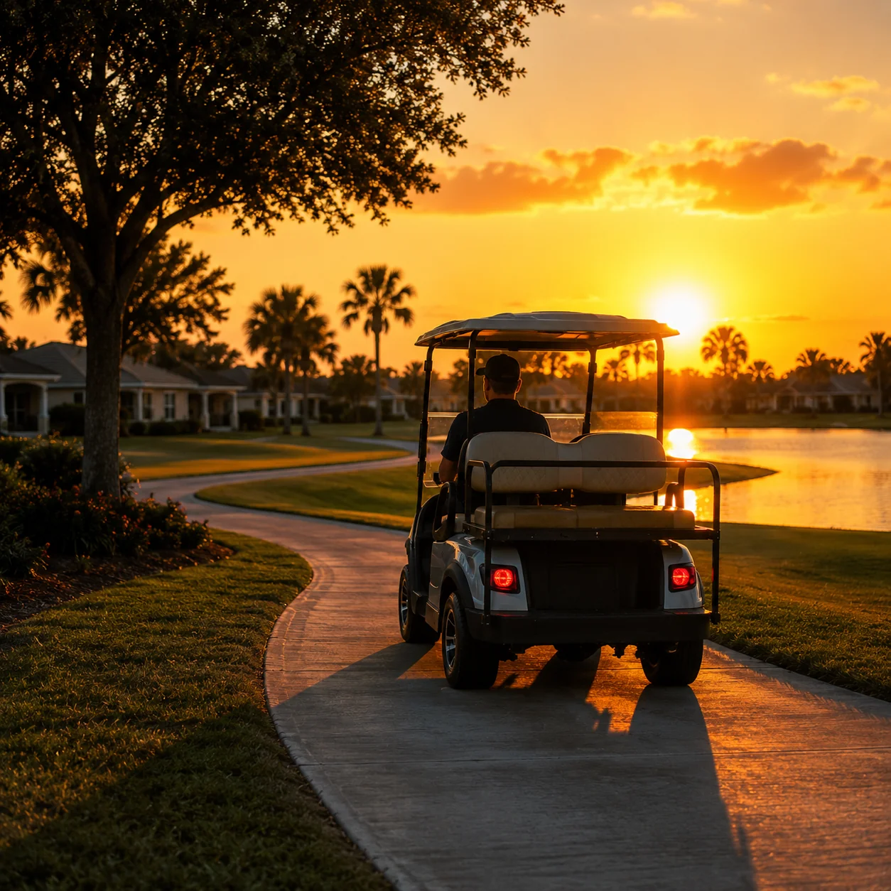 Golf cart driving on path at sunset in The Villages with palm trees and stucco homes visible.