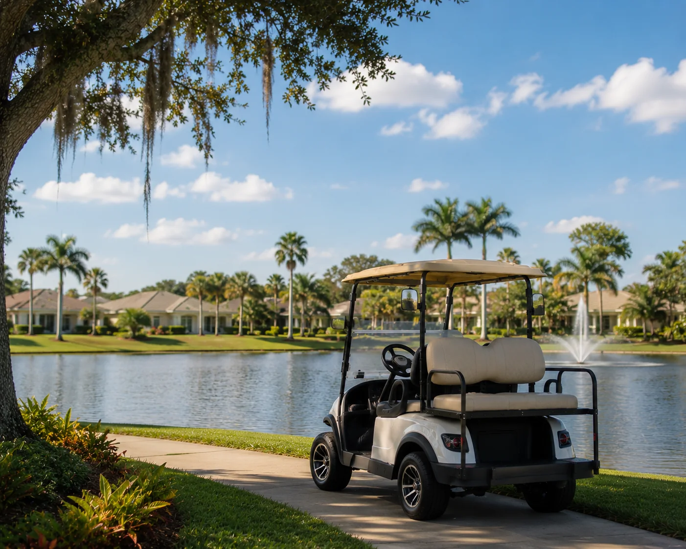 White golf cart parked on path under live oak tree in The Villages community setting.