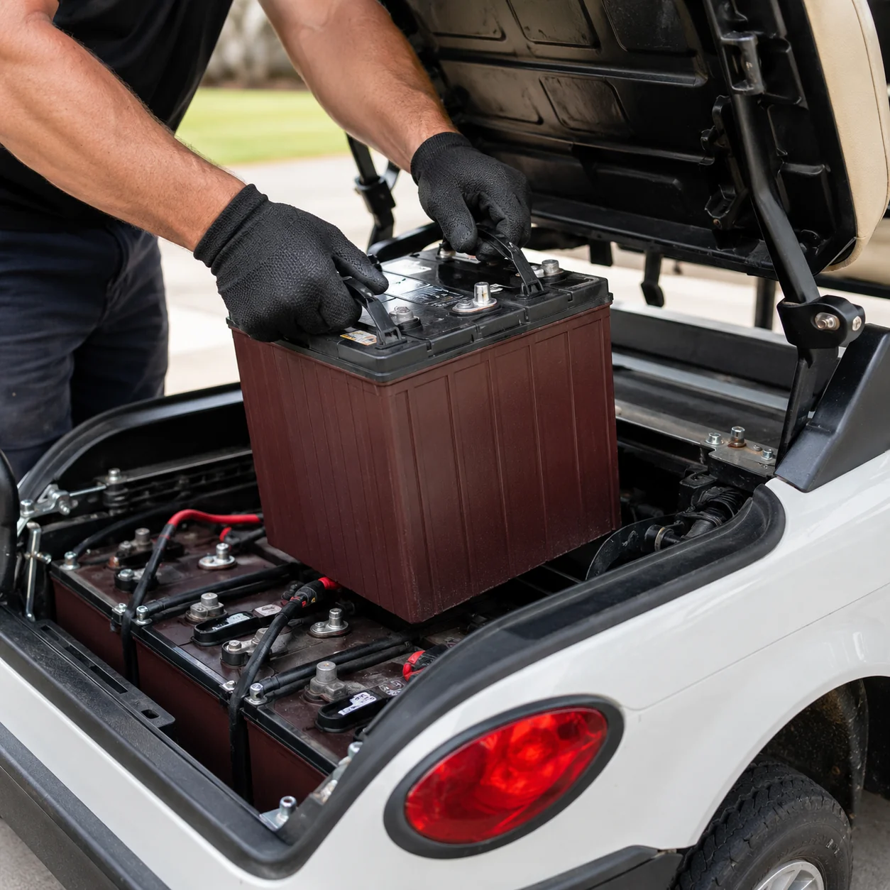 Mechanic in black gloves removes battery pack from white golf cart bed in driveway.