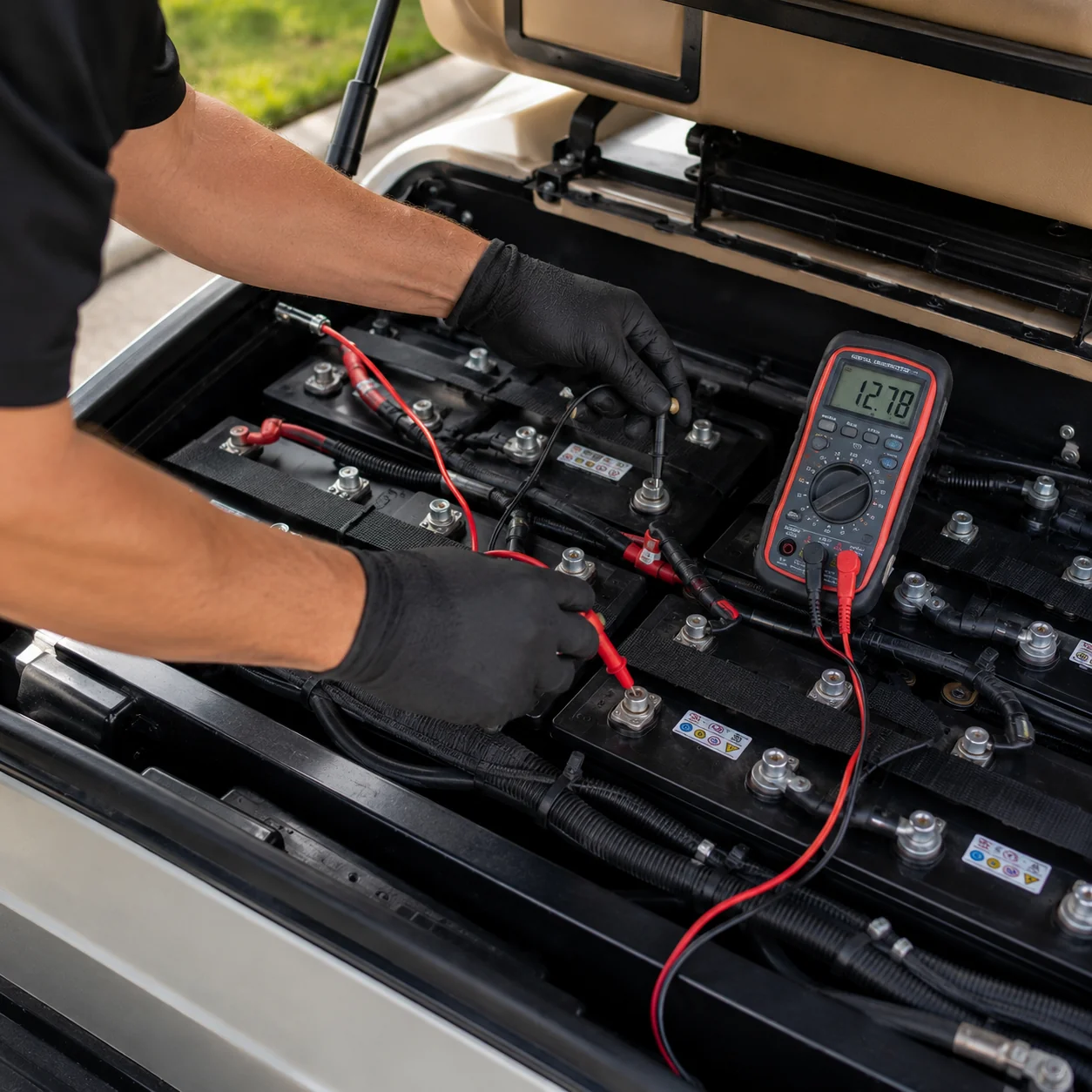 Technician in black gloves testing golf cart battery system with digital multimeter in open compartment.