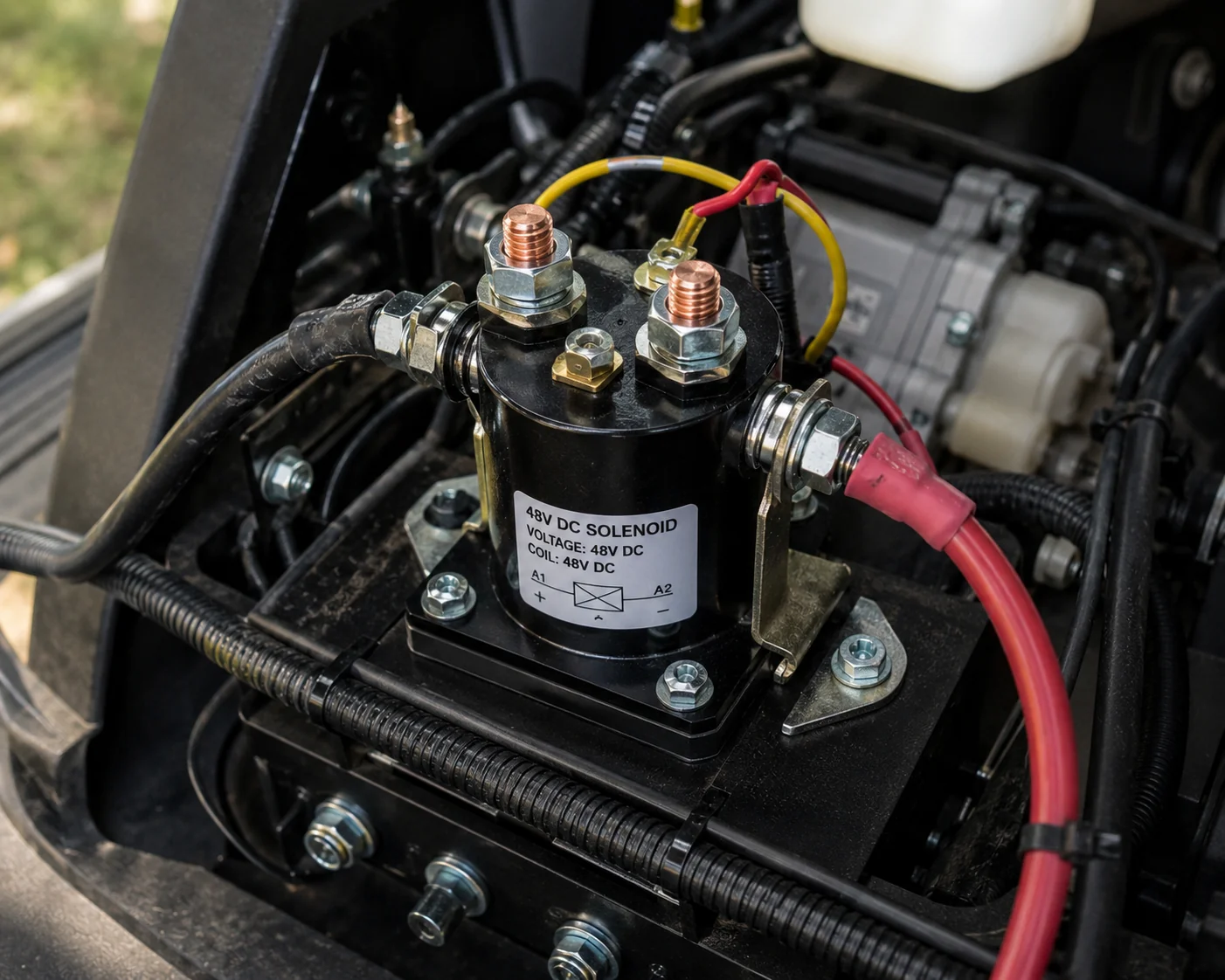 48V DC solenoid installed in golf cart engine bay with red and yellow wiring connections.