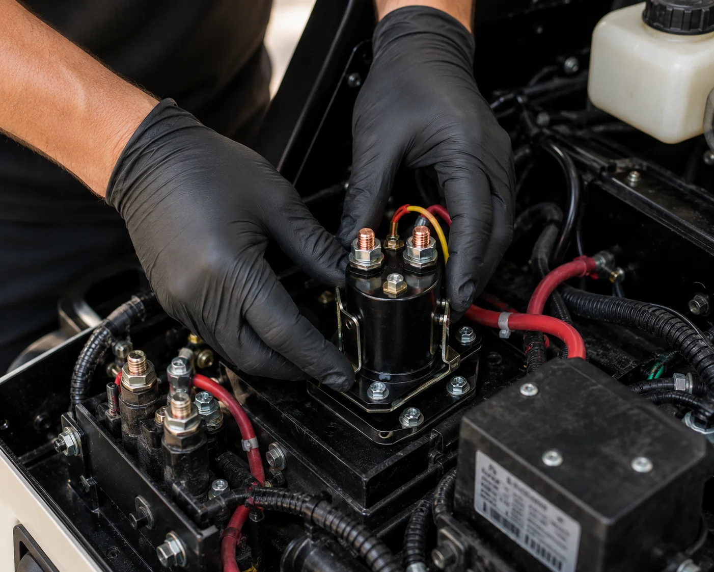 Technician in black gloves inspecting solenoid connections on golf cart electrical system.