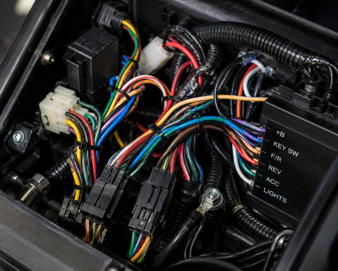 Custom golf cart electrical control module with color-coded wiring harness and labeled function switches.