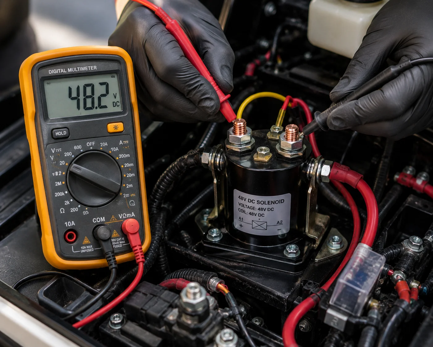 Technician testing 48V DC solenoid with digital multimeter reading 48.2V in golf cart electrical system.