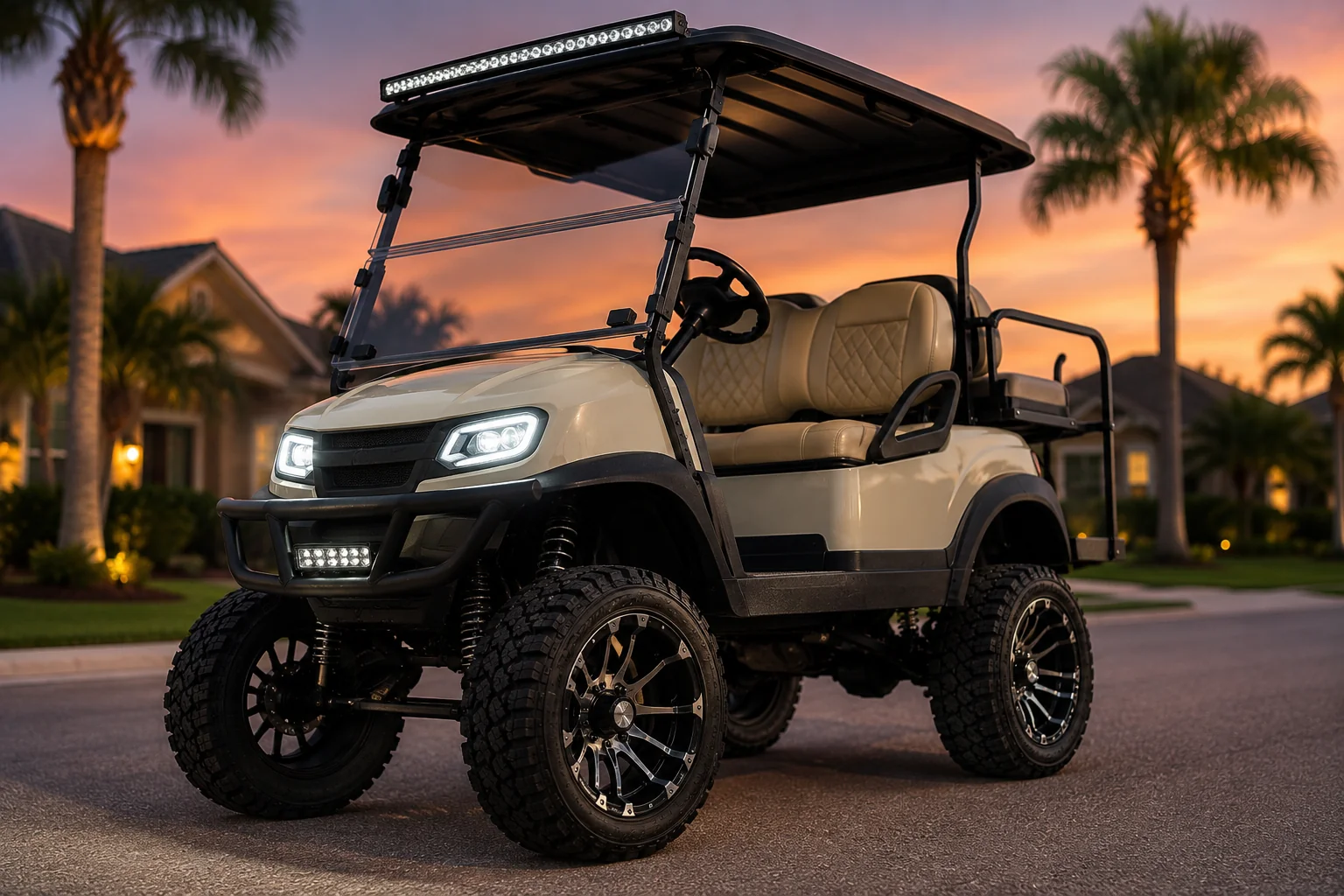 Custom golf cart with LED roof bar and upgraded wheels in The Villages driveway at sunset.