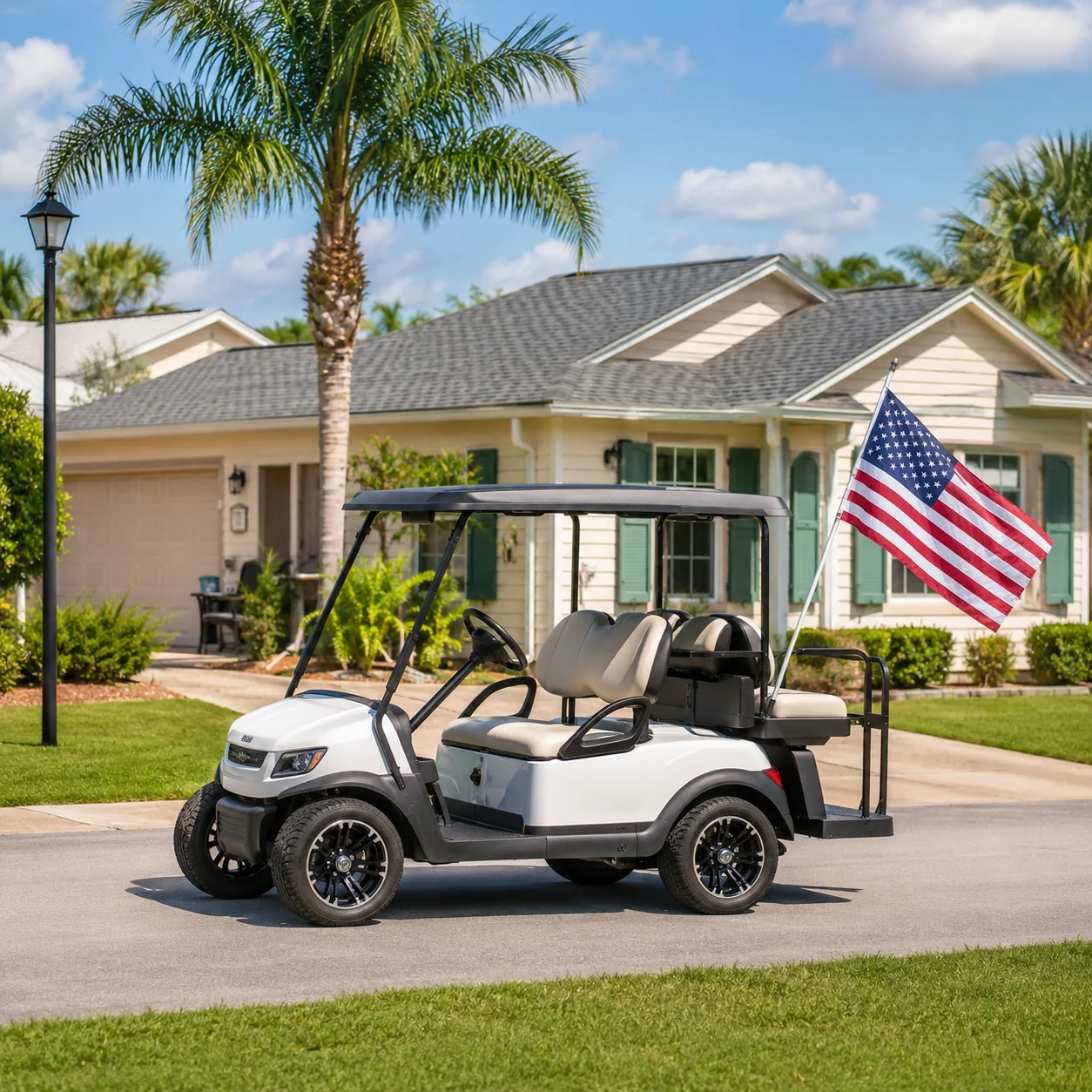 White and black golf cart parked in driveway of The Villages home with palm trees and American flag.