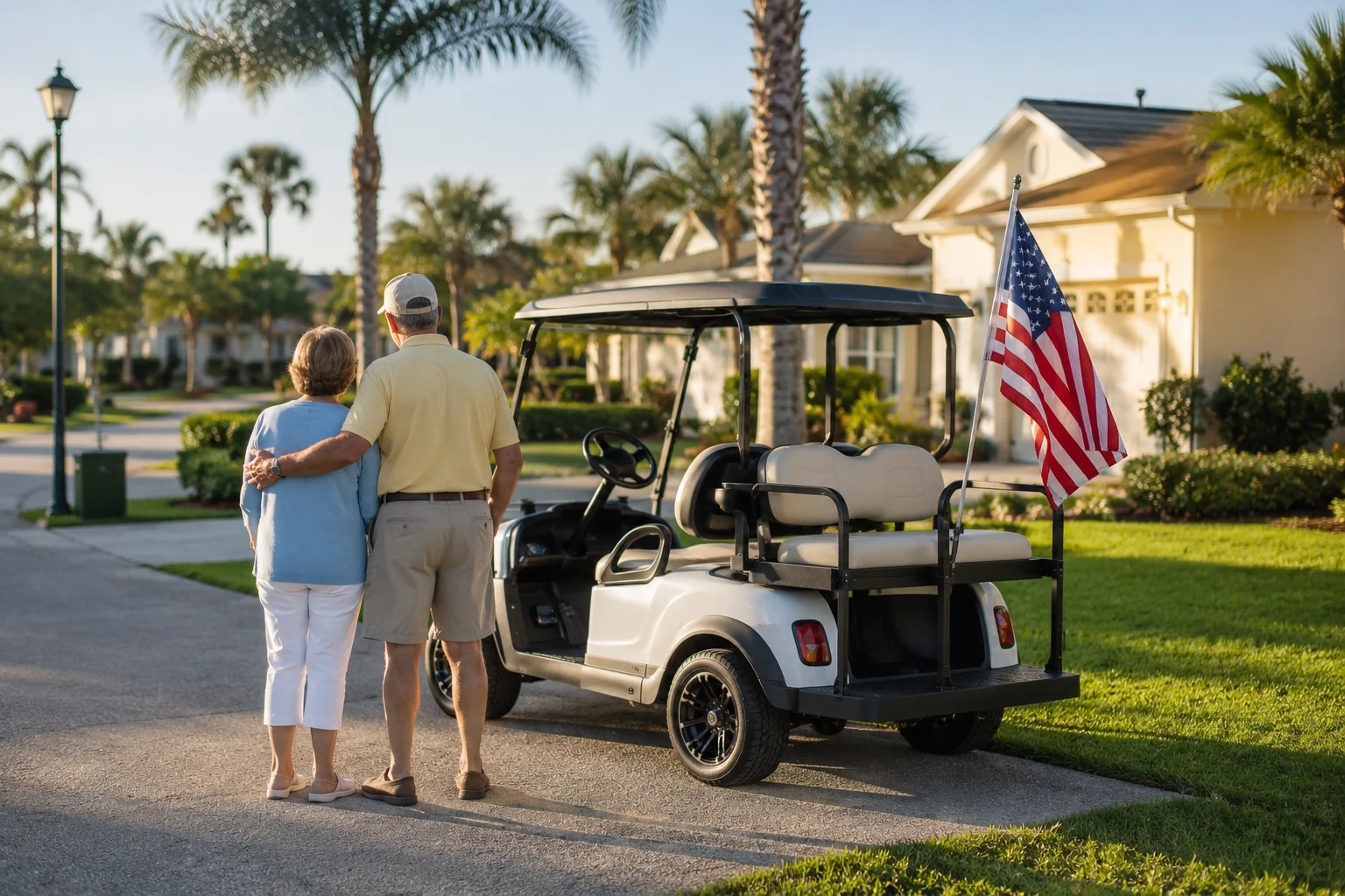 Two people stand beside a white golf cart on a residential street in The Villages, Florida.