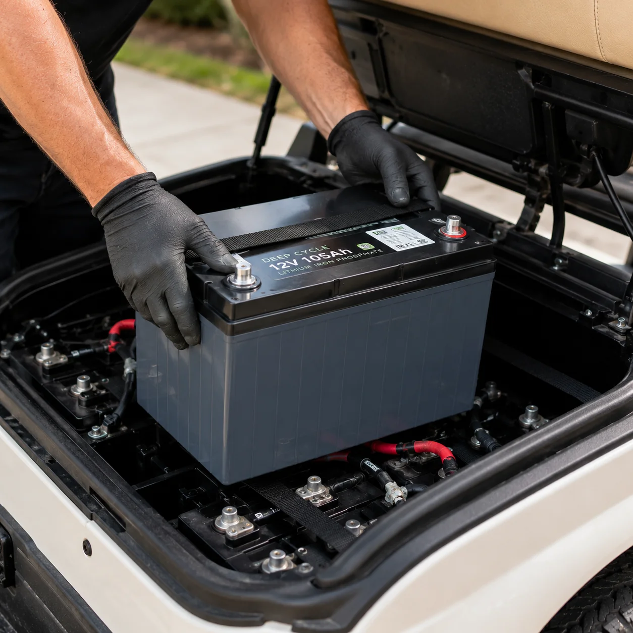 Technician in black gloves lifts deep-cycle battery from golf cart engine bay.