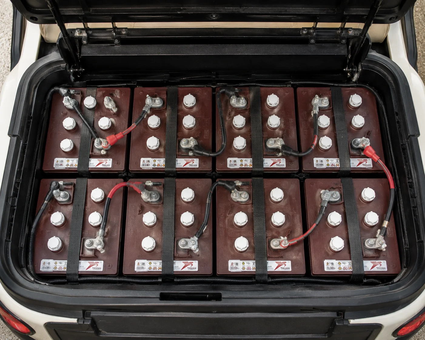 Eight golf cart batteries arranged in cargo bed with red and black cables connected.
