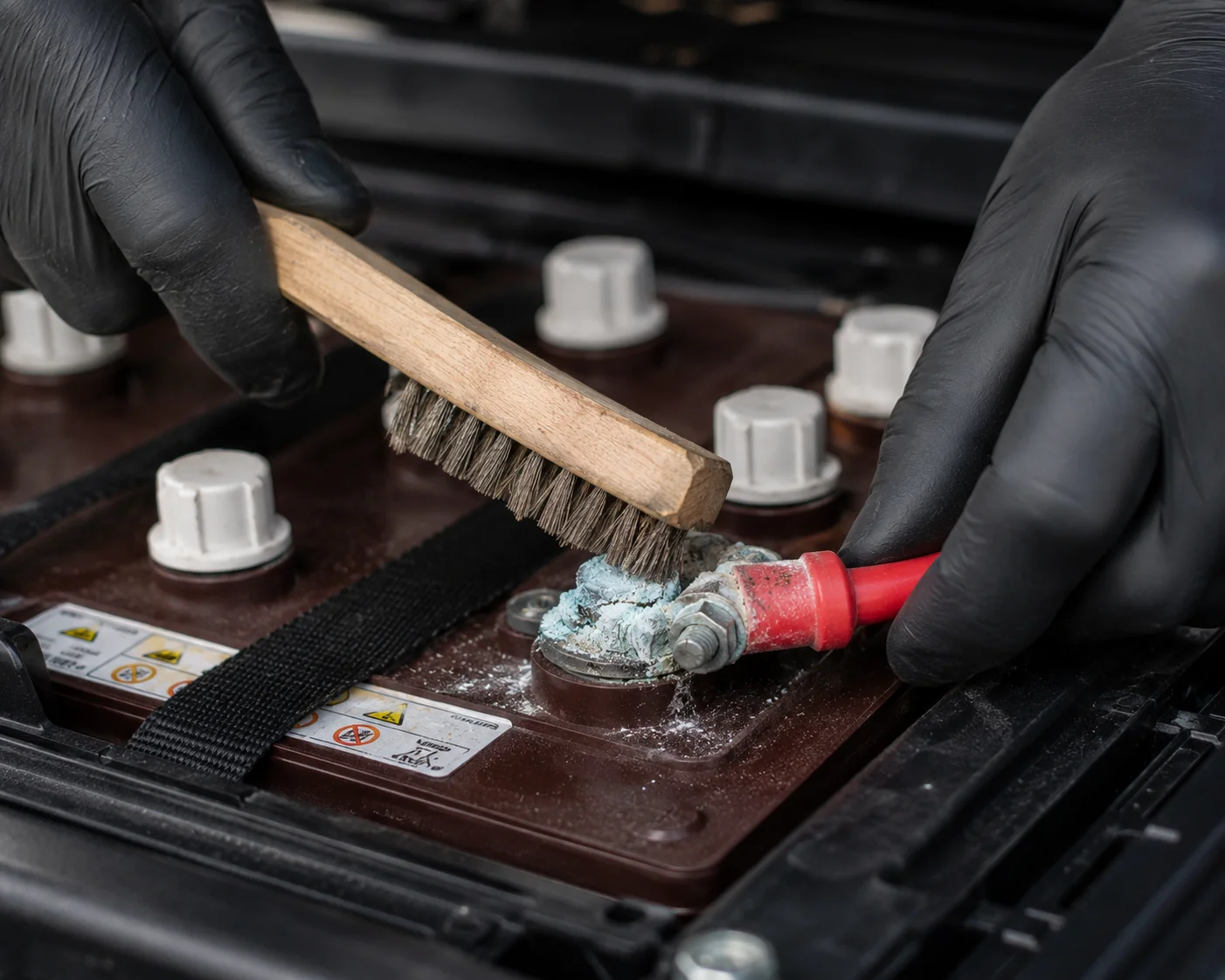 Technician in black gloves cleaning golf cart battery terminals with wire brush.