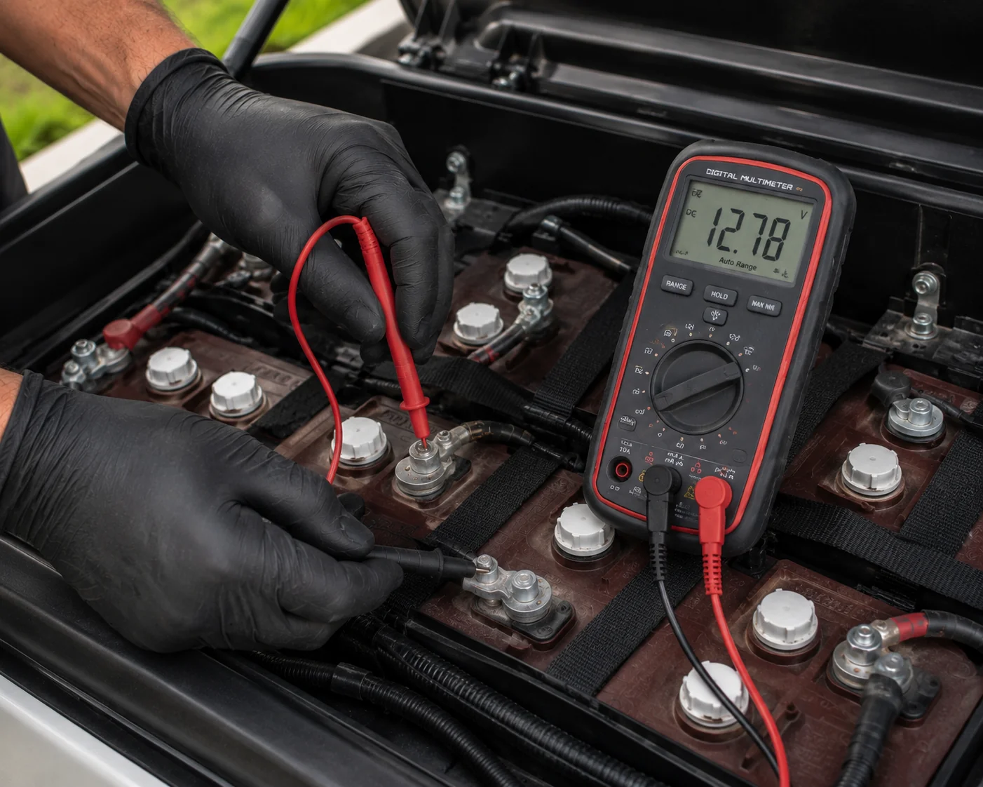 Technician in black gloves testing golf cart battery pack with digital multimeter showing voltage reading.