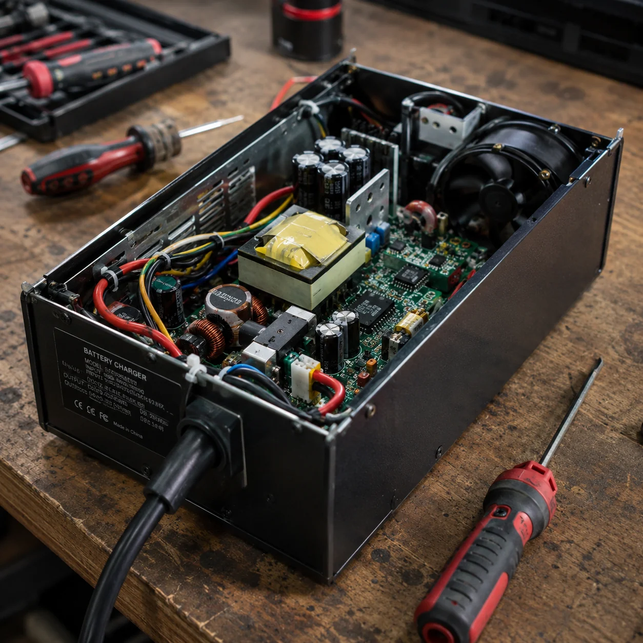 Open golf cart battery charger unit displaying internal circuitry and components on workbench.