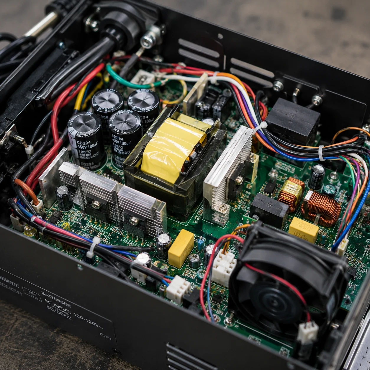 Golf cart charger internal circuitry with capacitors, transformer, and wiring exposed.