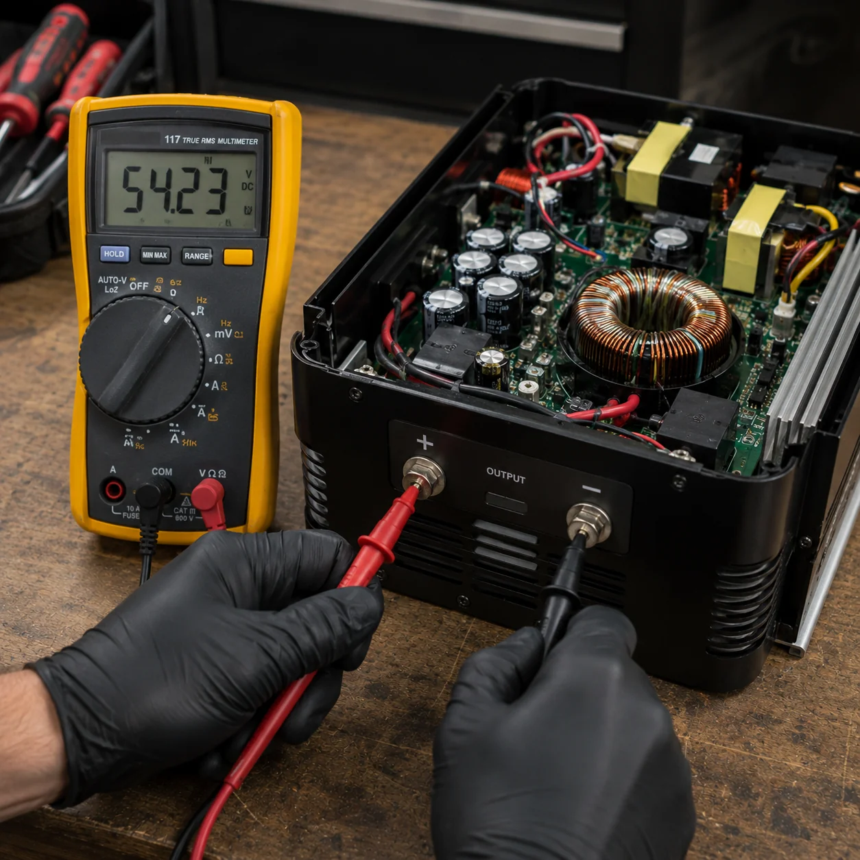 Technician testing golf cart charger unit with multimeter on workbench.