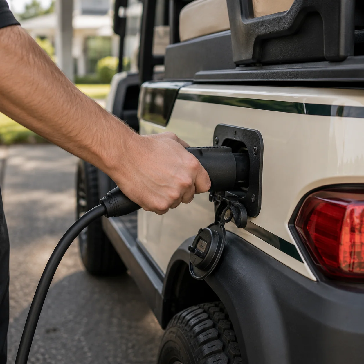 Technician plugging charging cable into electric golf cart port in driveway.