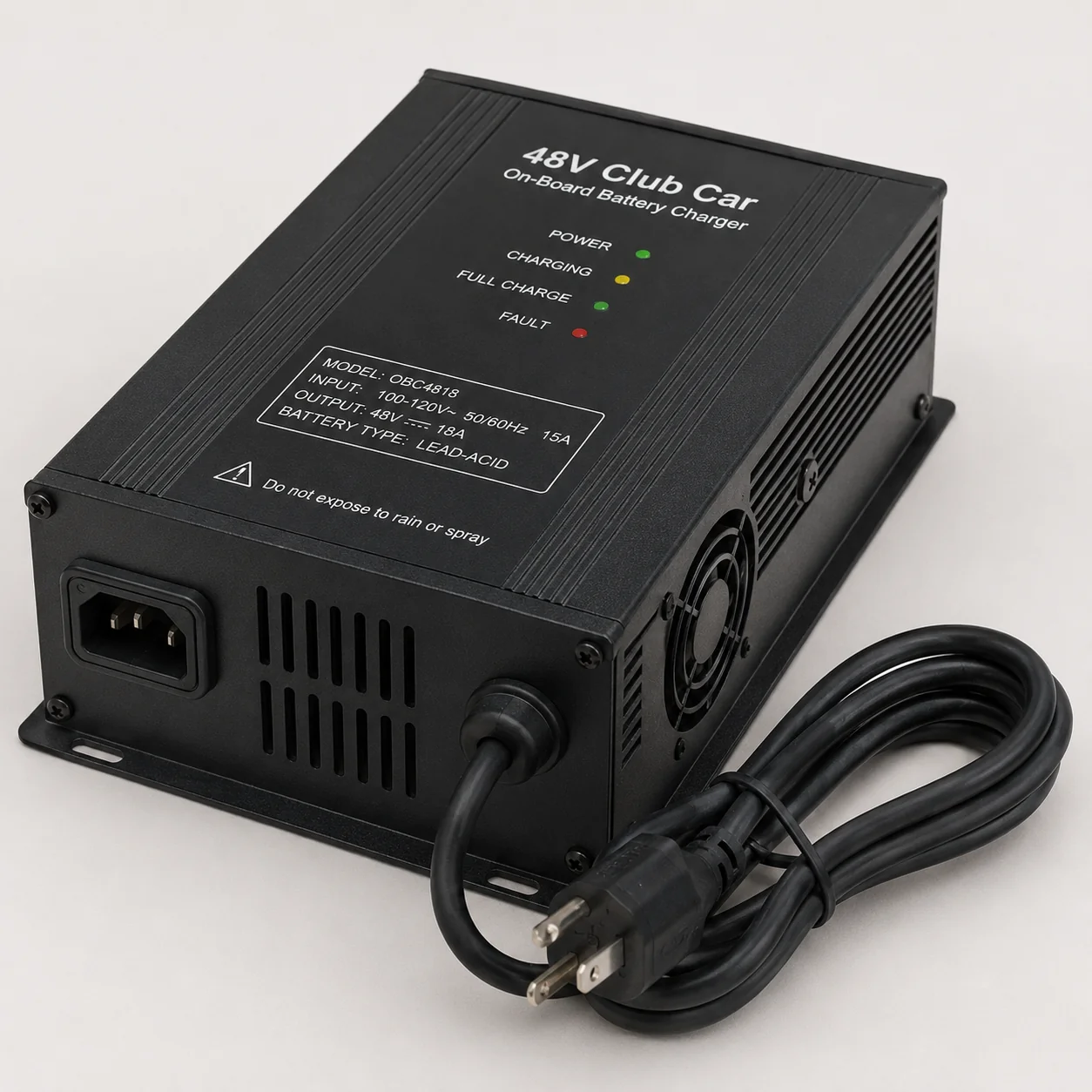 48V golf cart battery charger with status indicator lights and power cord on neutral background