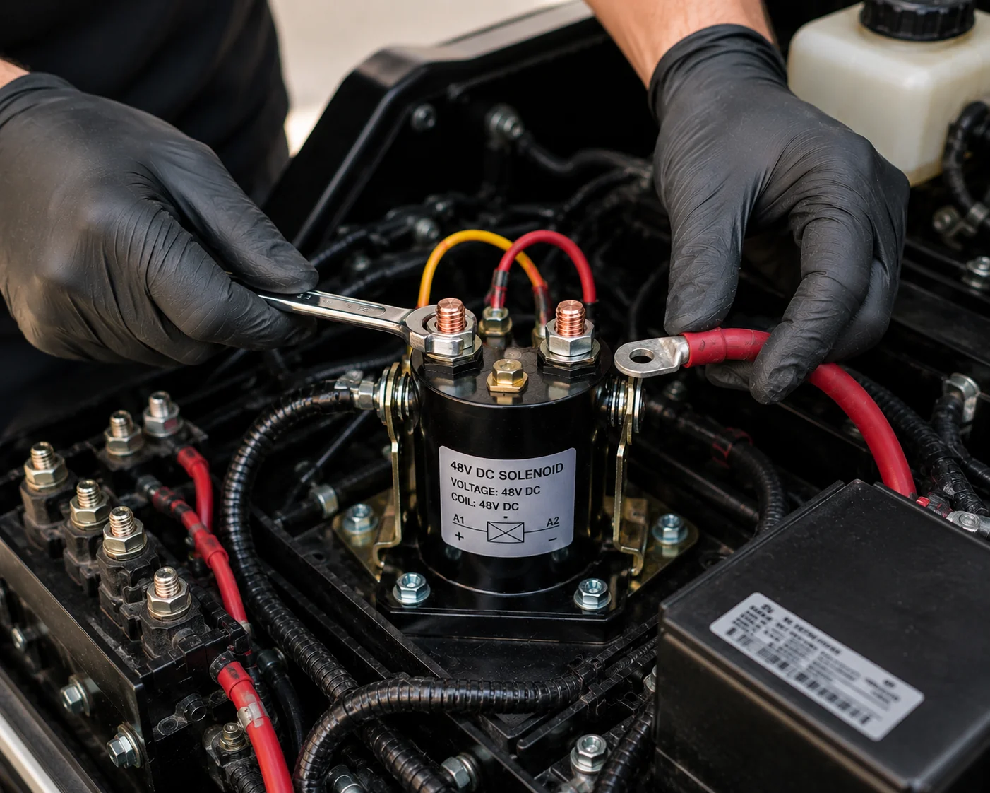 Technician in black gloves tightens solenoid connections on golf cart battery system.