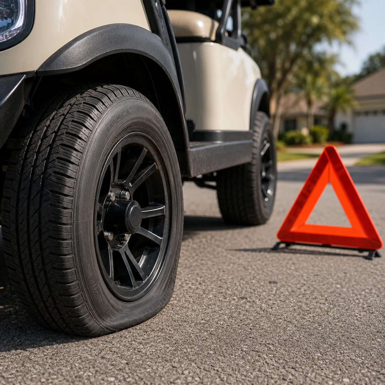 Golf cart tire and wheel displayed on residential driveway with warning triangle in The Villages.