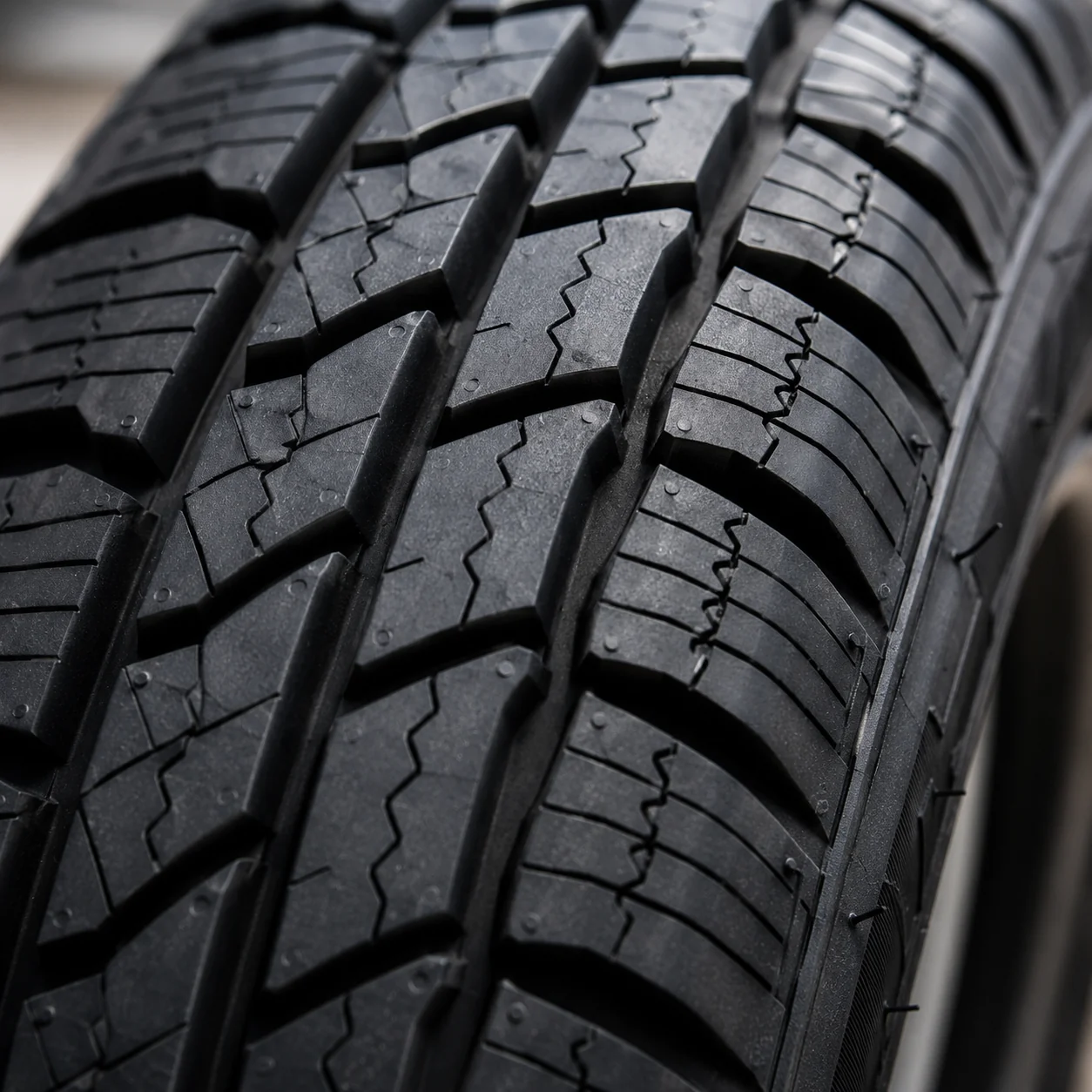 Close-up of golf cart tire tread pattern showing wear and detailed rubber texture.