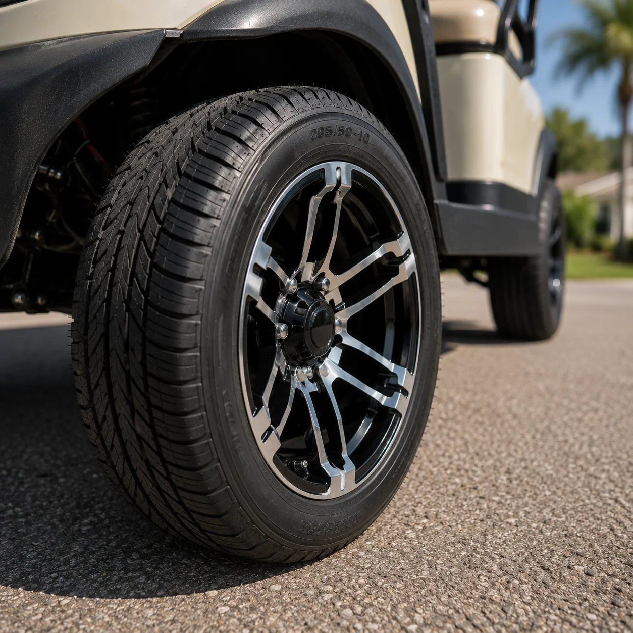 Custom golf cart tire and wheel on driveway in The Villages, Florida.