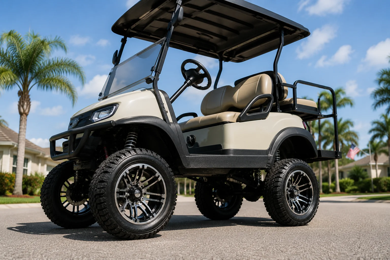 Custom lifted golf cart with cream body and black accents parked in The Villages residential street.