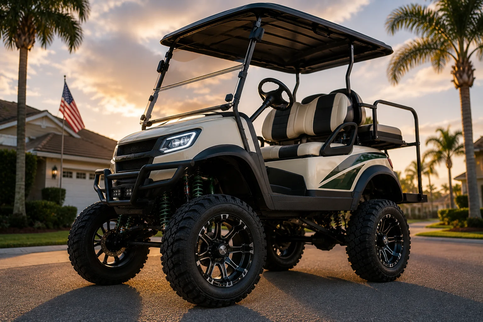Custom lifted golf cart with white and black seats parked in residential driveway at sunset in The Villages.