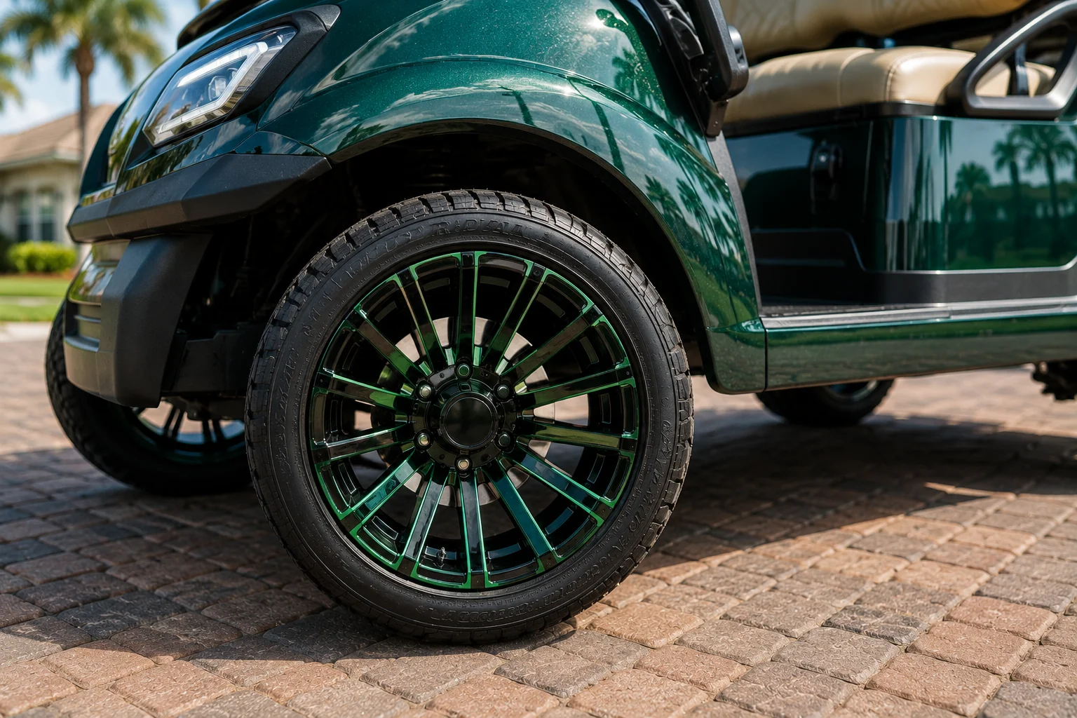 Custom golf cart with dark green finish and green-accented wheels parked on brick driveway in The Villages.