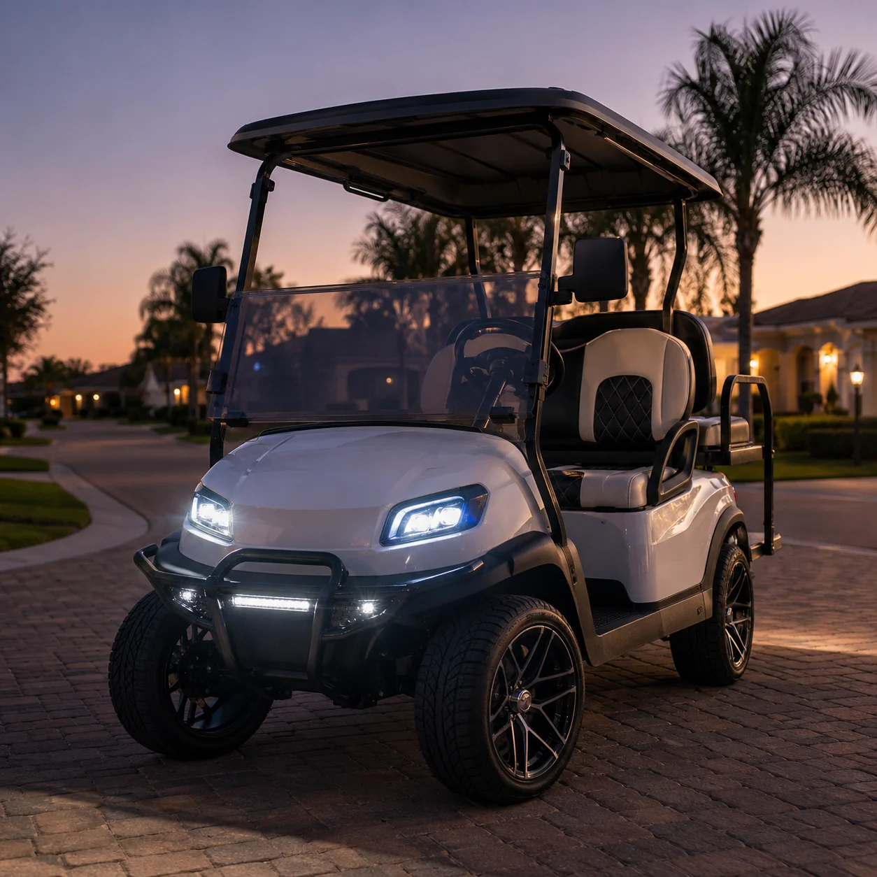 Custom white golf cart with LED headlights parked on brick driveway at dusk in The Villages.