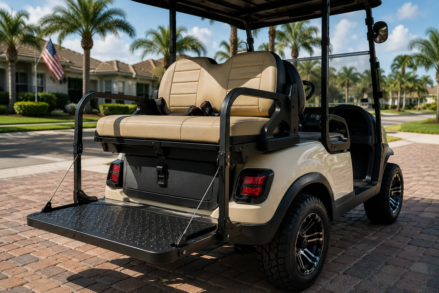 Custom golf cart with cream and black upholstery parked in The Villages driveway with palm trees and stucco homes visible.