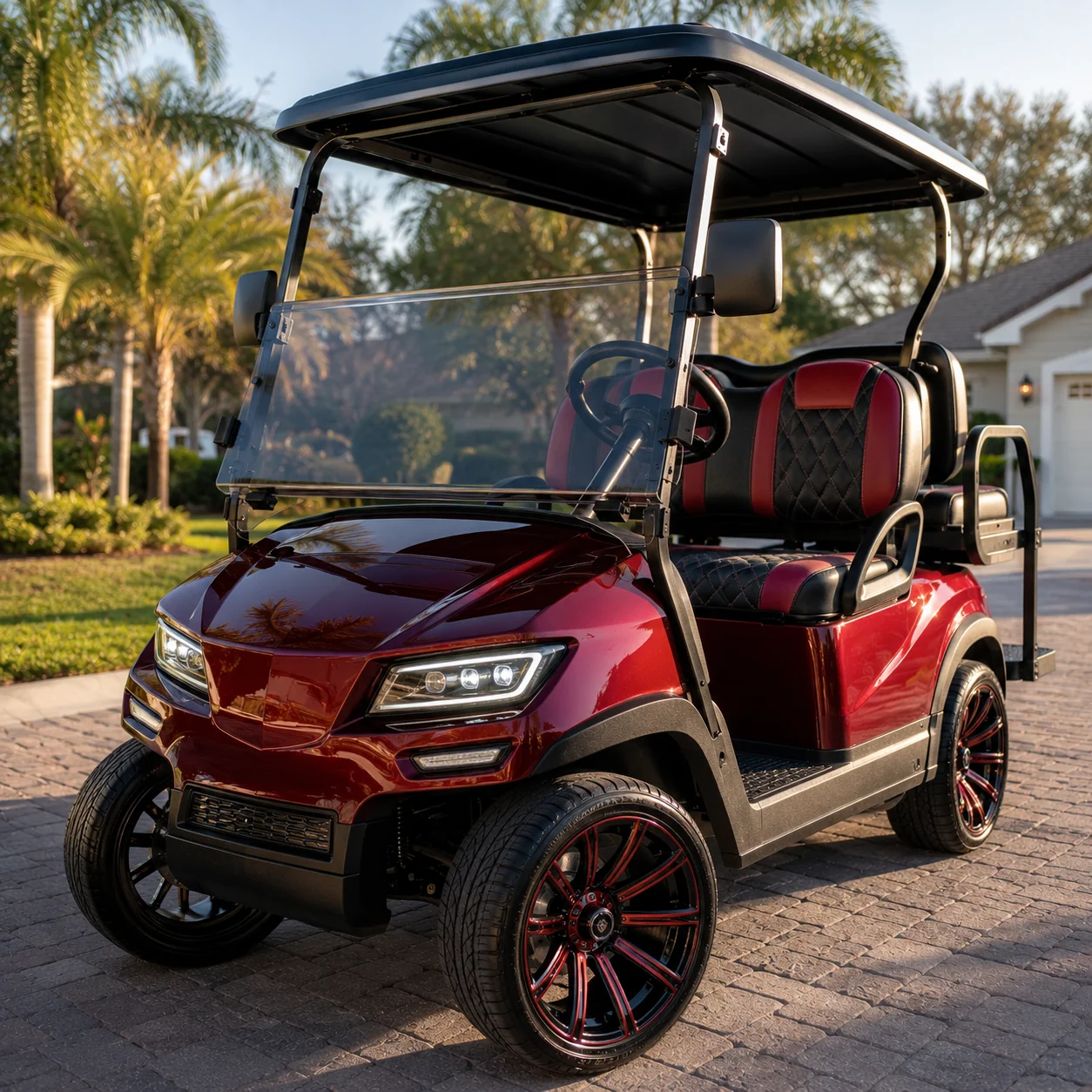 Custom red golf cart with premium interior and alloy wheels in The Villages driveway setting.