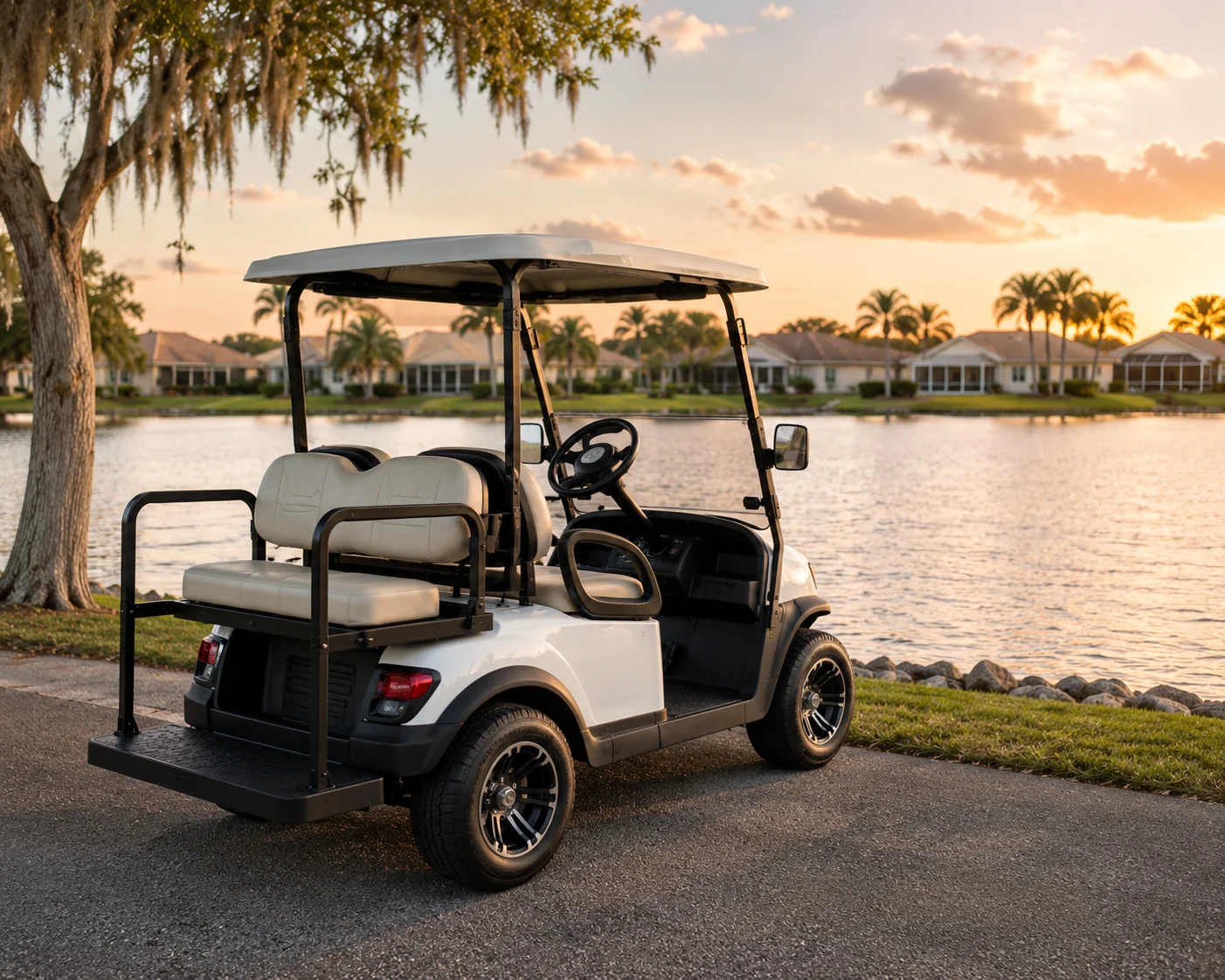 Custom white and black golf cart parked on path with live oak tree and waterfront homes in The Villages background.