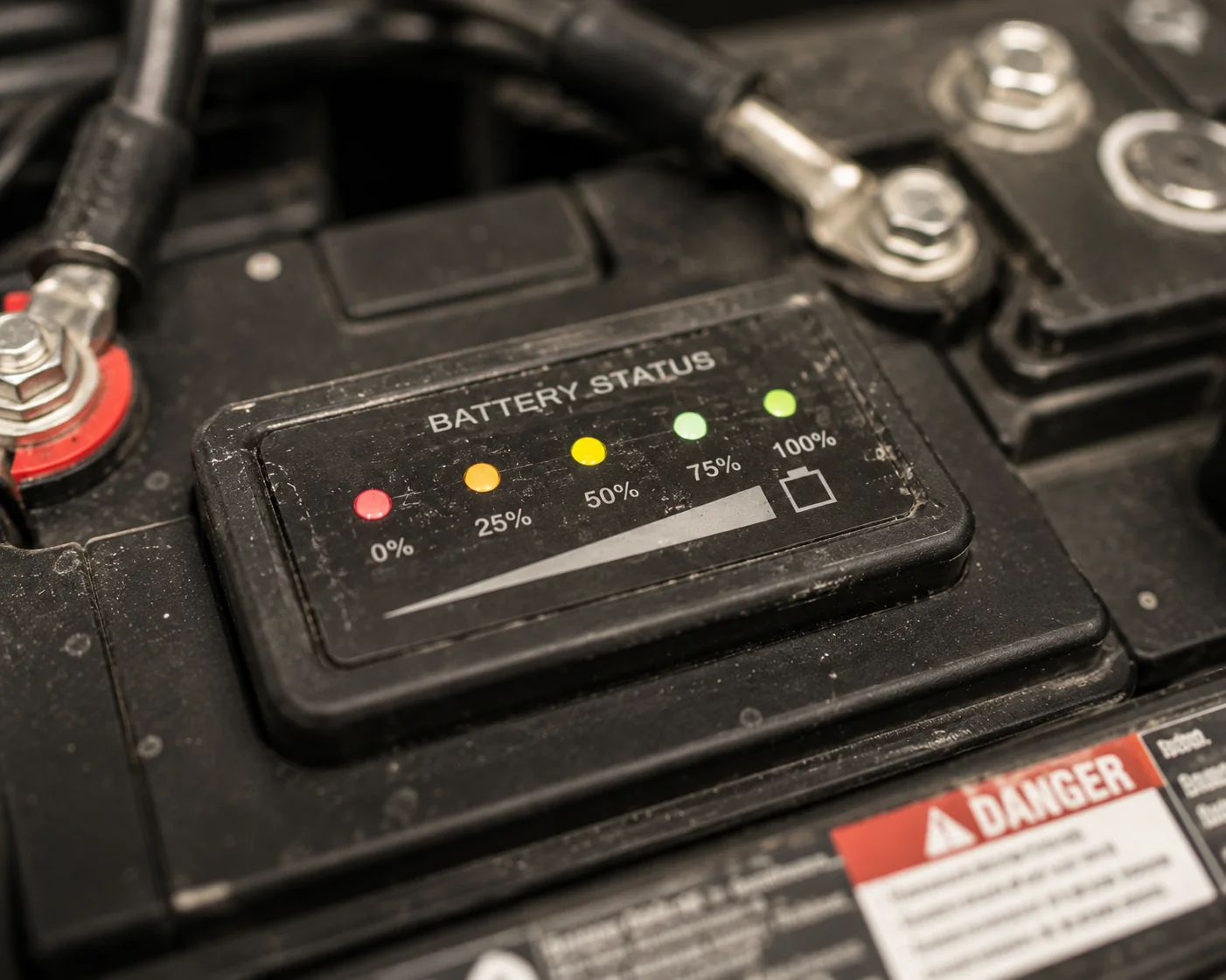Golf cart battery status indicator showing 75% charge with colored LED lights.