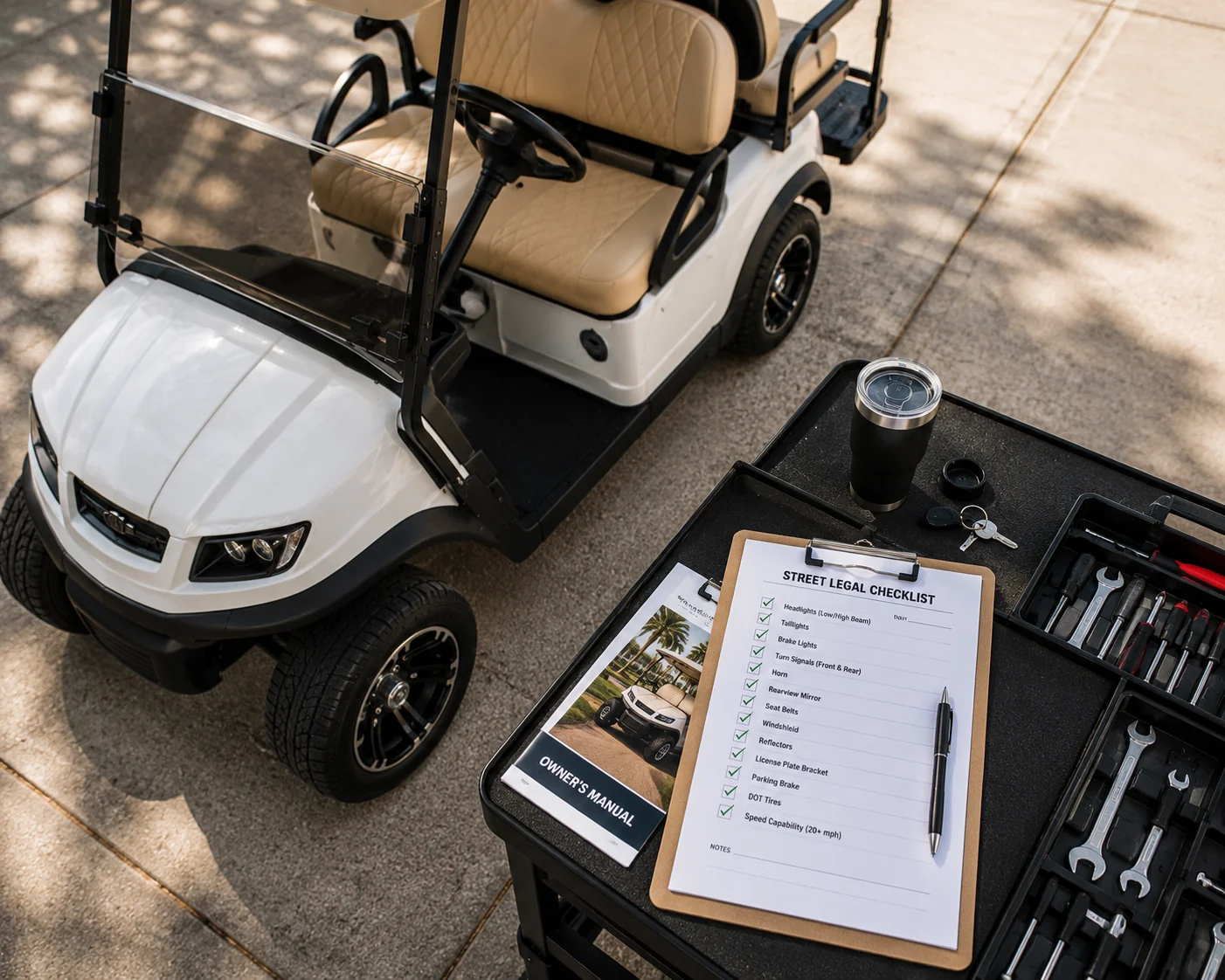 Custom white golf cart with tan seats displayed alongside maintenance checklist and tools on driveway.